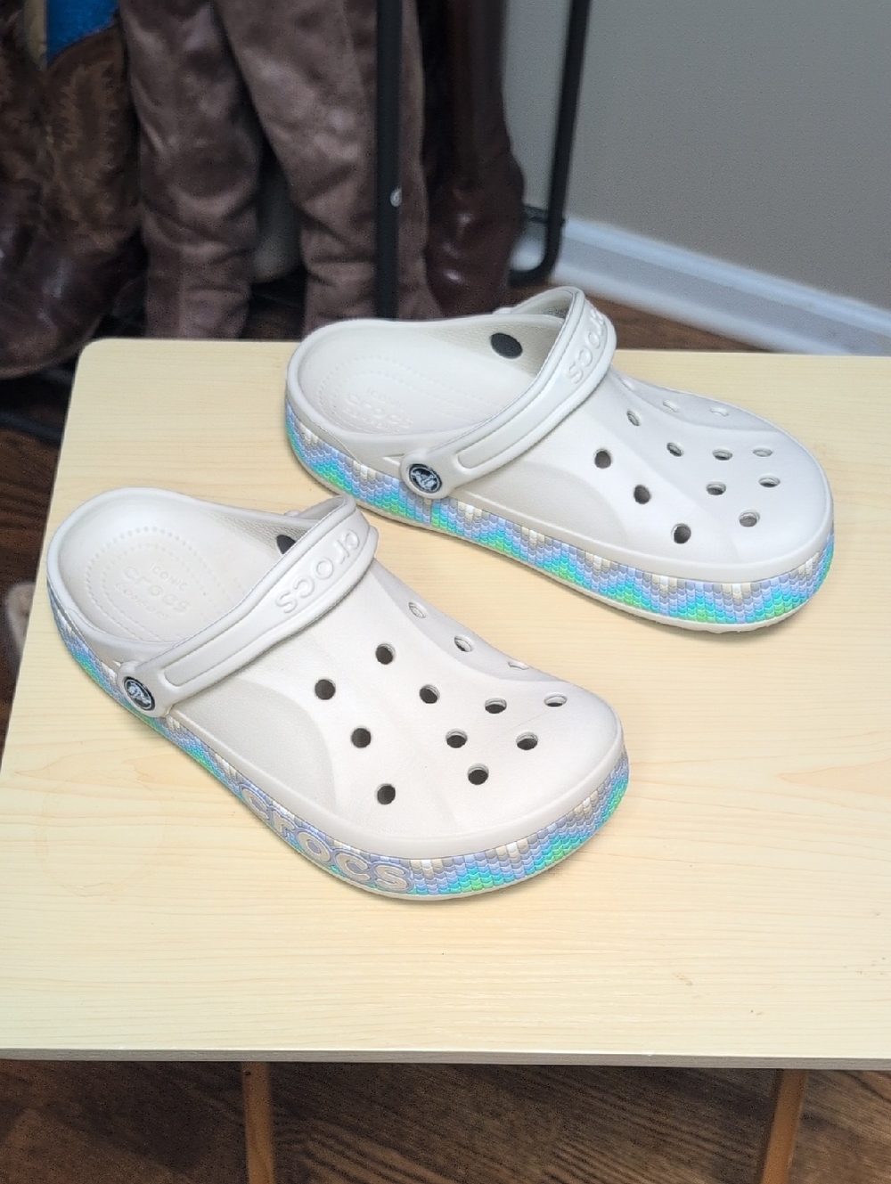 Crocs Women's Classic Clog with Iridescent Trim - Cream
